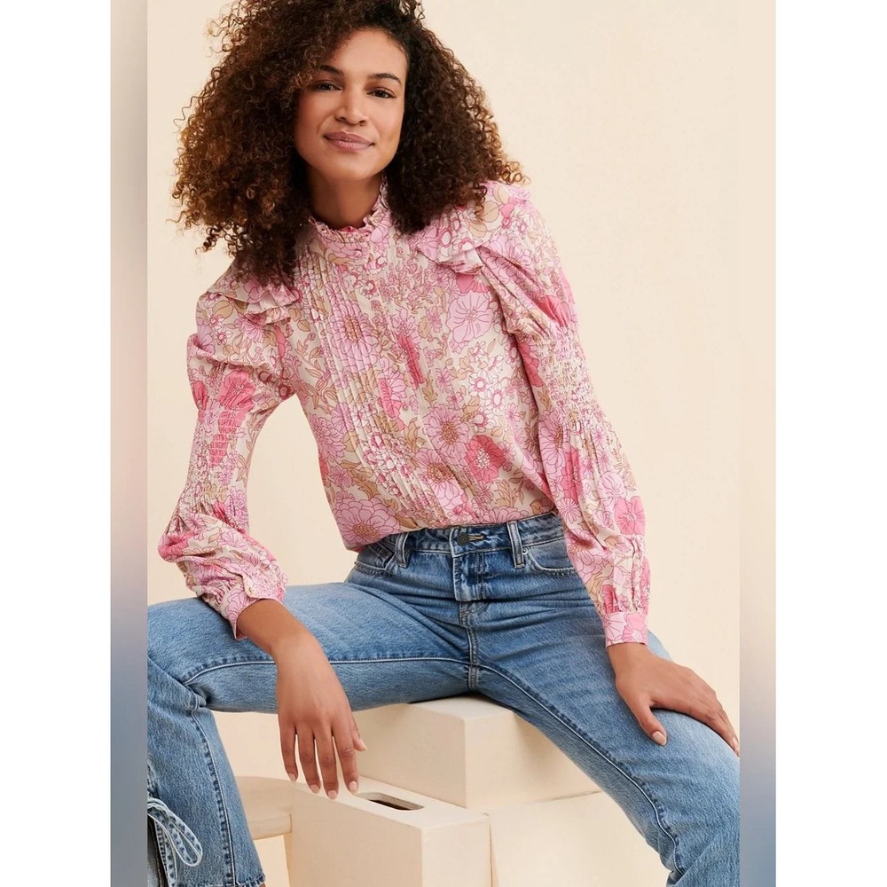 Selkie The Tuxedo Blouse Pink Floral Pintuck Ruffle Smocked Romantic Top Size S